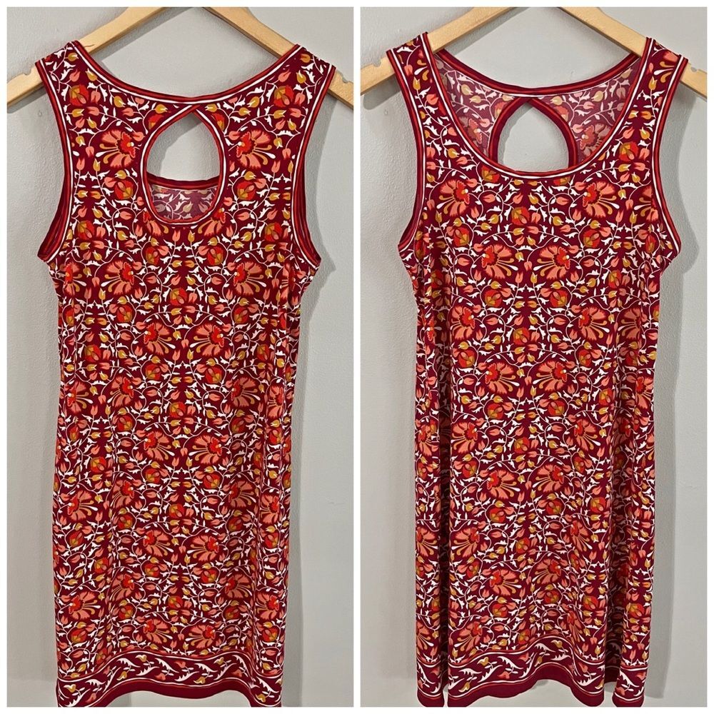 Max Studio Red Floral Shift Dress Keyhole Back Sleeveless Boho S